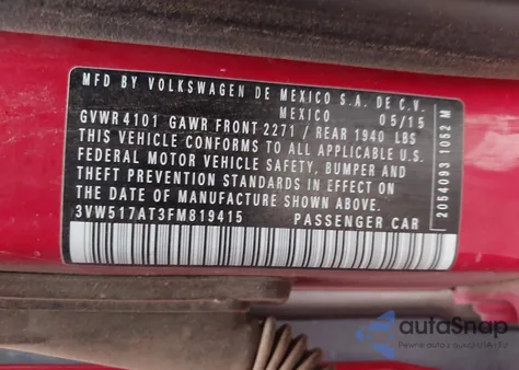 2015 Volkswagen Beetle 1.8T из США, поврежденный, VIN 3VW517AT3FM819415